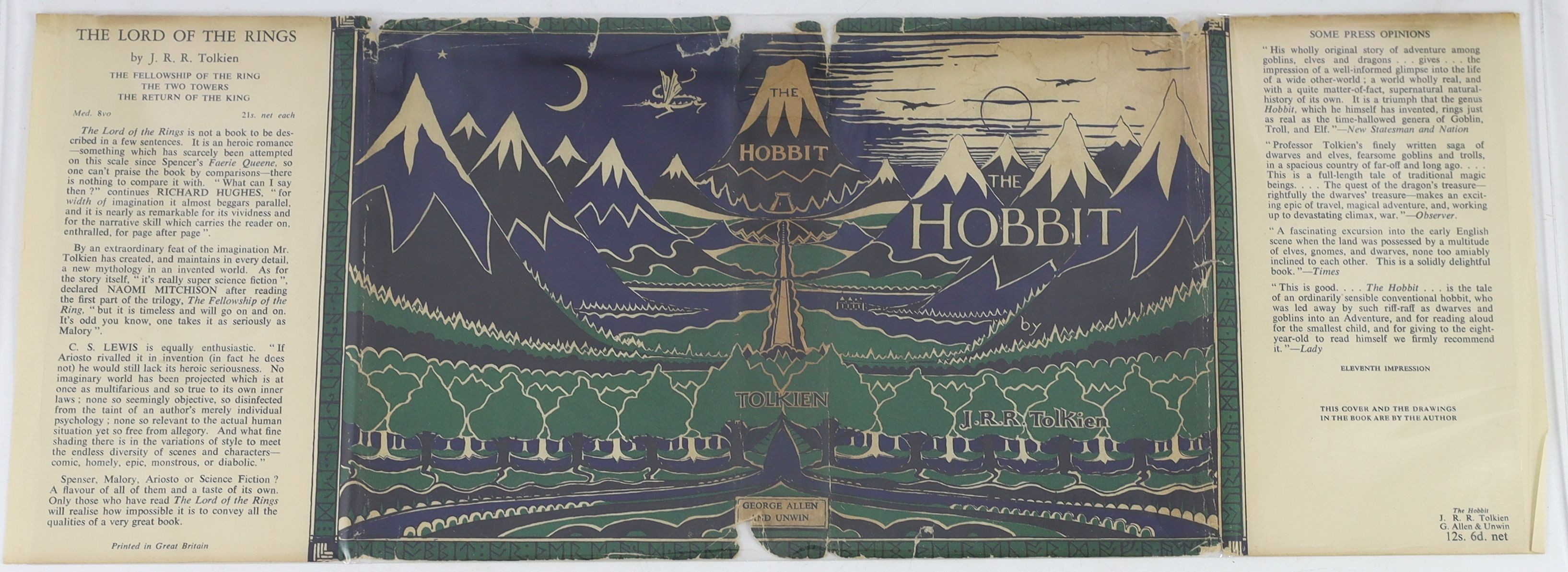 Tolkien, John Ronald Reuel - The Hobbit, 2nd edition, 11th impression, with colour frontispiece, map endpapers, original green cloth in unclipped d/j, with small loss to spine head and foot and a few edge tears, ownershi